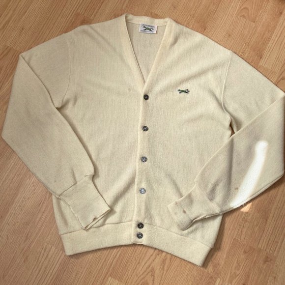 Vintage JC Penney The Fox Sweater Cardigan 70s 80s Men's Large Ivory Pale Yellow - Picture 1 of 14